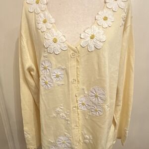 Storybook Knits Womens 2X Yellow Knit Button Front Floral Cardigan Beaded NWT